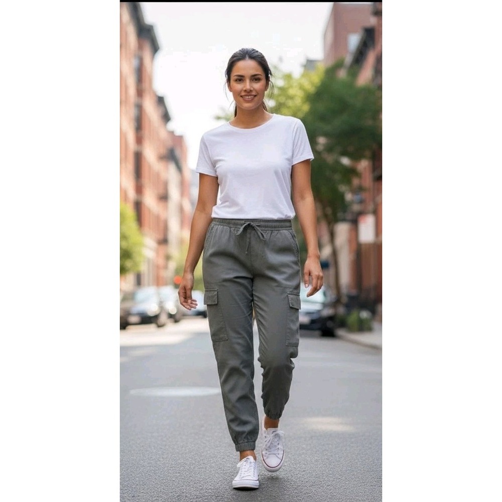 Banana Republic Women's Medium Cargo Joggers Pants Green Drawstring Cuffed Olive